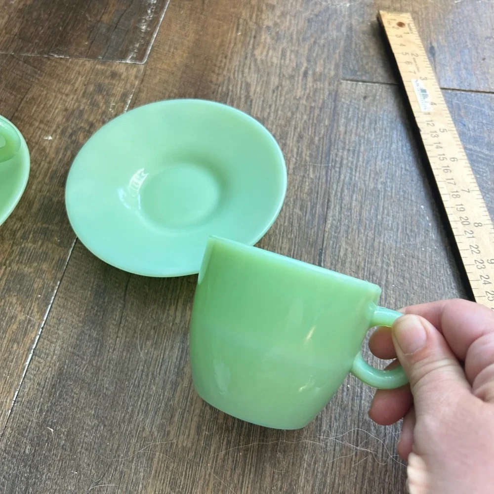 Vtg Fire-King Jadeite Oven Ware C Handle Coffee Cup Saucer Set Heavy Duty Rare